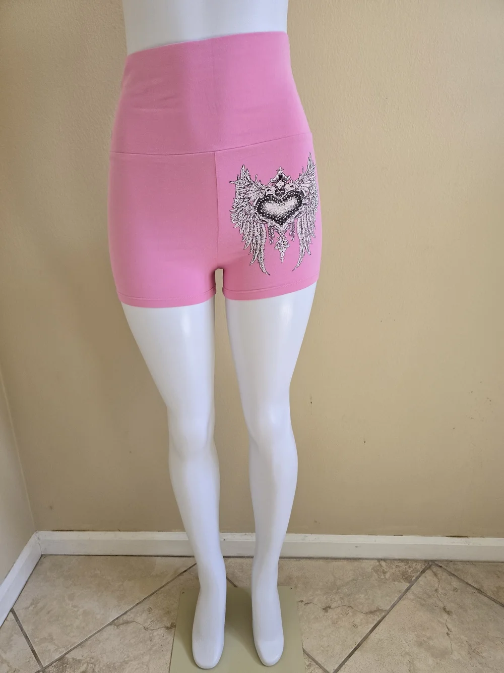 High-Waist Pink Winged Heart Bike Shorts